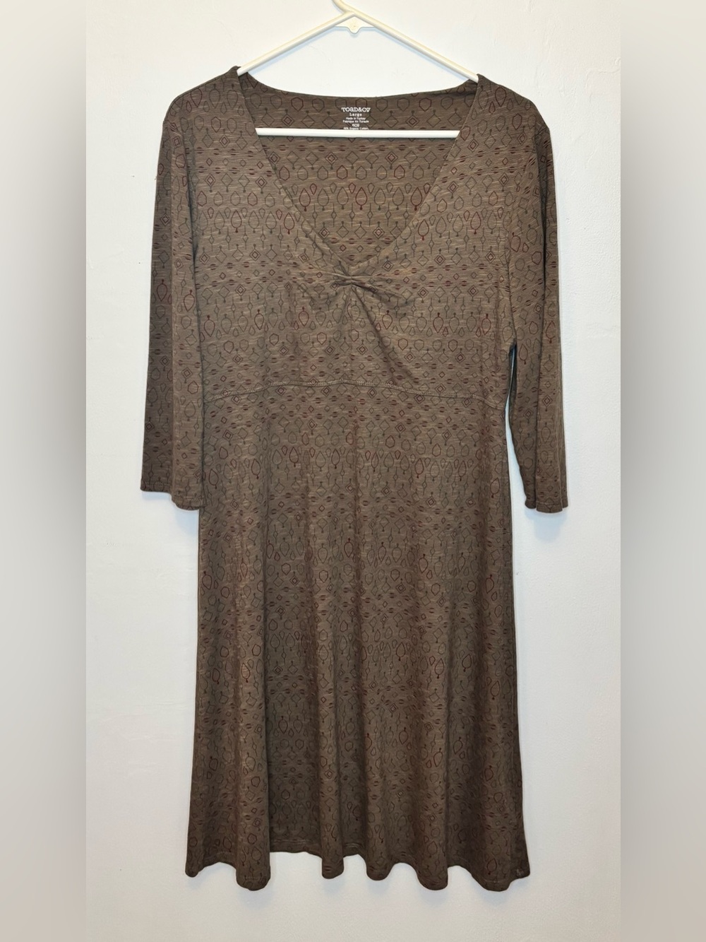 Toad & Co Rosalinda Dress Large Brown Geometric Organic Cotton Knit Fall V Neck